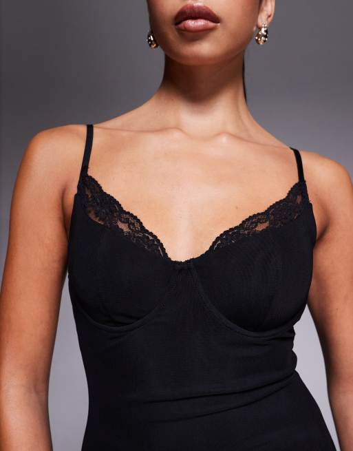Wanderdoll Leah triple layered sculpting mesh lace cup detail cami fishtail maxi dress in black, 3 of 4