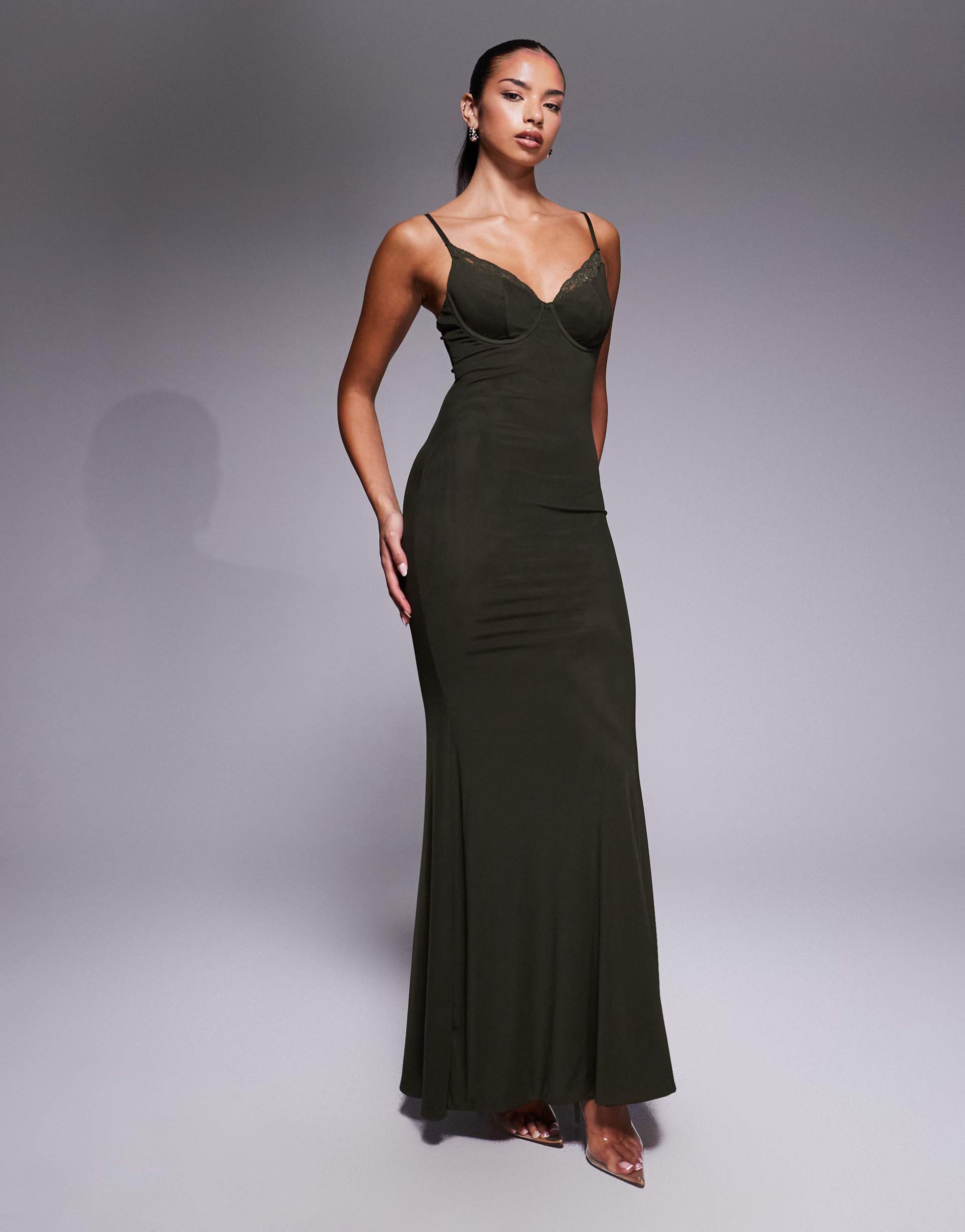 wanderdoll leah triple layered sculpting mesh lace cup detail cami fishtail maxi dress in forest green