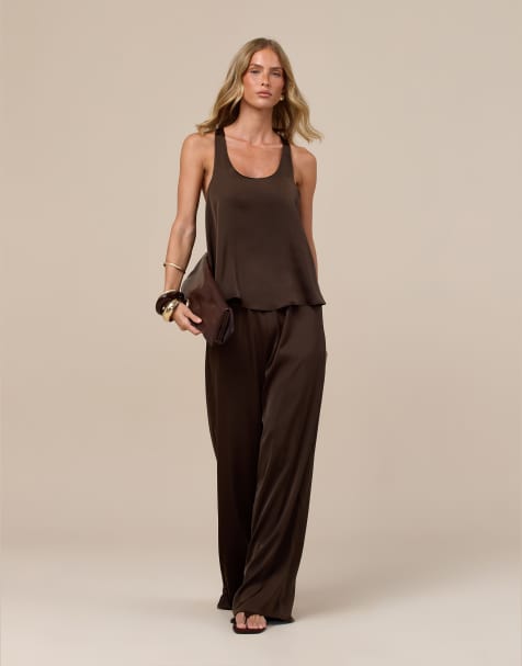 Wanderdoll Leni pantaloni dritti in satin coordinati color cioccolato - view 1