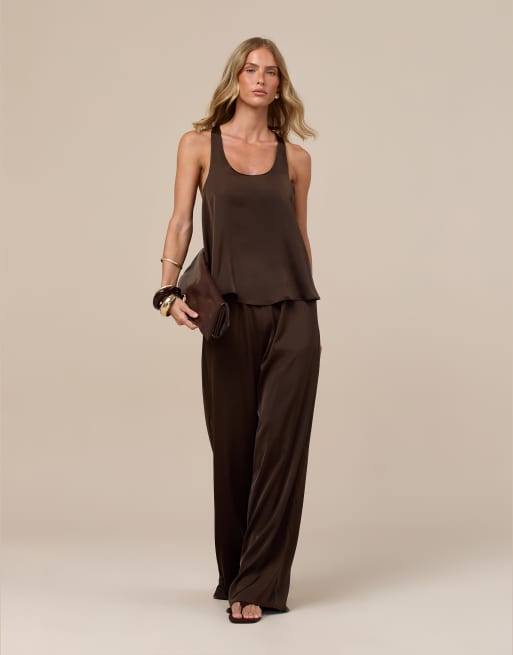 Wanderdoll Leni pantaloni dritti in satin coordinati color cioccolato