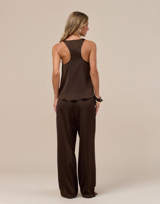 Wanderdoll Leni satin racerback scoop neck tank top co-ord in chocolate , 3 of 4