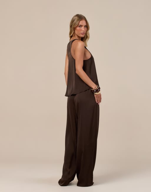 Wanderdoll Leni satin racerback scoop neck tank top co-ord in chocolate , 4 of 4