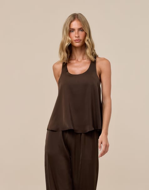 Wanderdoll Leni satin racerback scoop neck tank top in chocolate (part of a set) - view 1