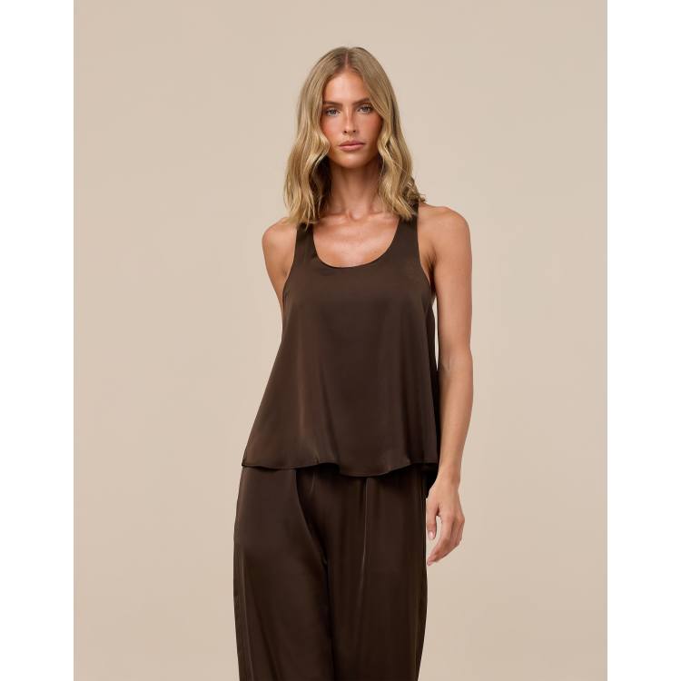 Wanderdoll Leni satin racerback scoop neck tank top in chocolate