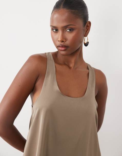 Wanderdoll Leni satin racerback scoop neck tank top in taupe (Part of a set) - view 1