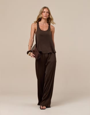 Wanderdoll Leni Satin Straight Leg Pants In Brown