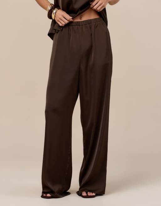 Wanderdoll Leni satin straight leg pants in chocolate - part of a set, 3 of 4