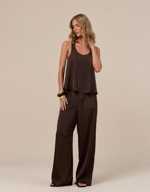 Wanderdoll Leni satin straight leg pants in chocolate - part of a set, 4 of 4