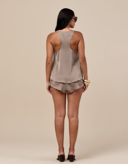 Wanderdoll Leni Satin-Tanktop mit Racerback und U-Ausschnitt als Kombiteil in Taupe, 3 von 4