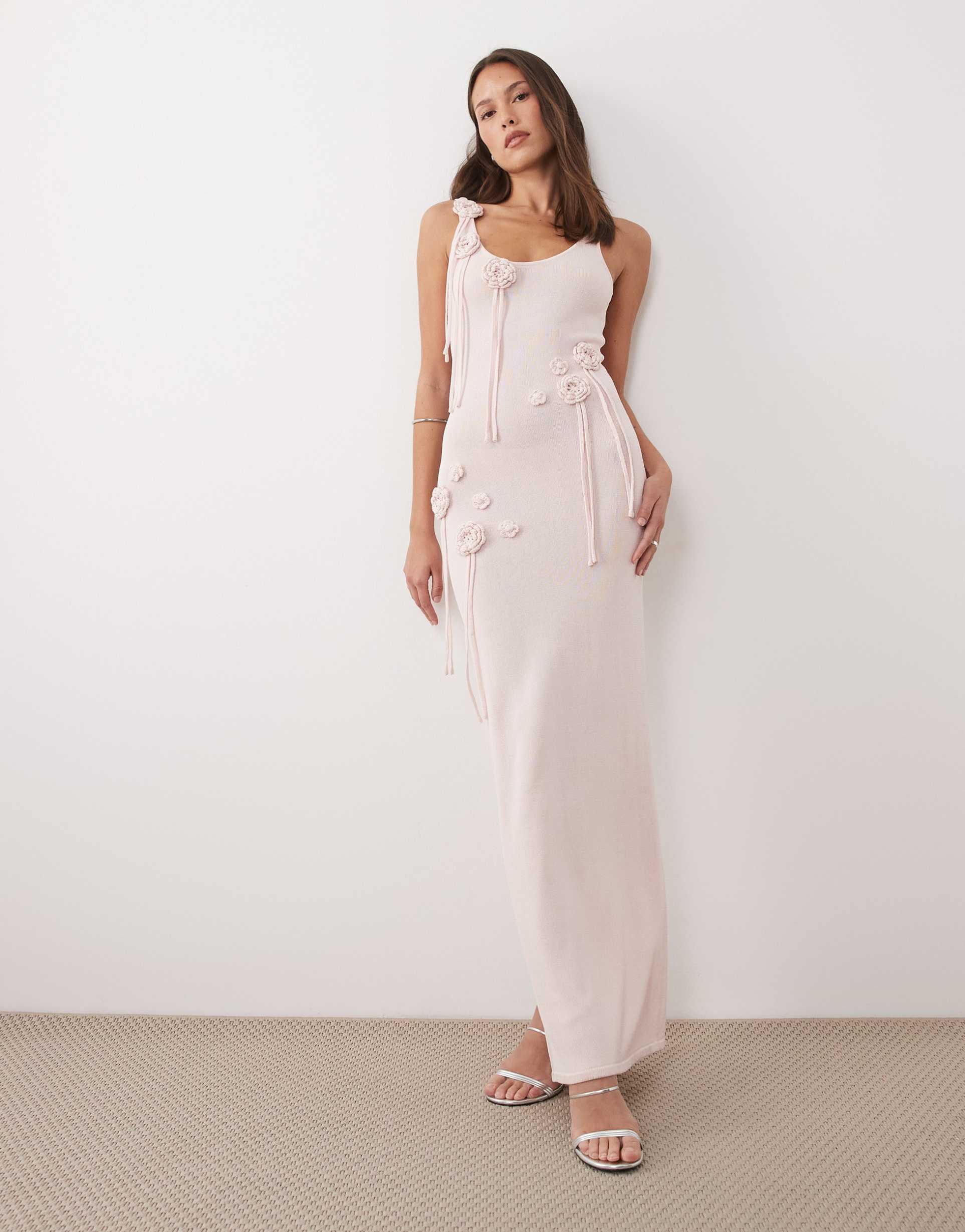 wanderdoll lillie knit scoop neck and back corsage tassel detailing maxi dress in baby pink