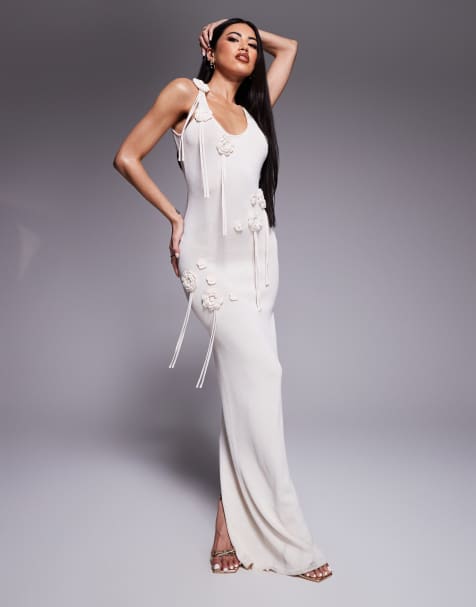 Wanderdoll Lillie knitted scoop neck corsage tassel detail maxi dress in vanilla - view 1
