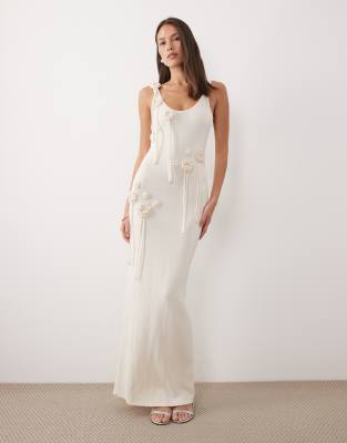 Wanderdoll Lillie Knitted Scoop Neck Corsage Tassel Detail Maxi Dress In White
