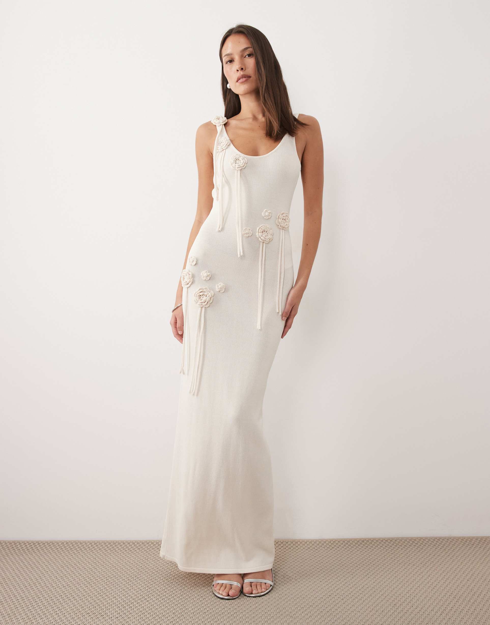 wanderdoll lillie knitted scoop neck corsage tassel detail maxi dress in vanilla