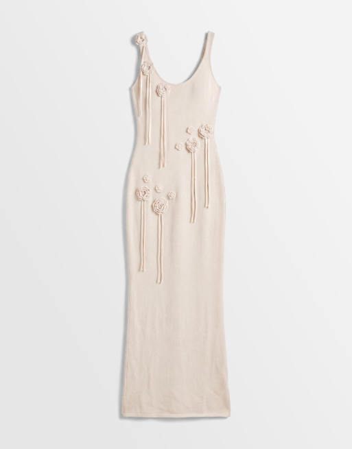 Wanderdoll - Lillie - Robe longue en maille à encolure dégagée et fleurs à franges - Vanille, 5 de 8