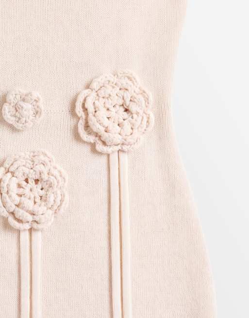 Wanderdoll - Lillie - Robe longue en maille à encolure dégagée et fleurs à franges - Vanille, 7 de 8