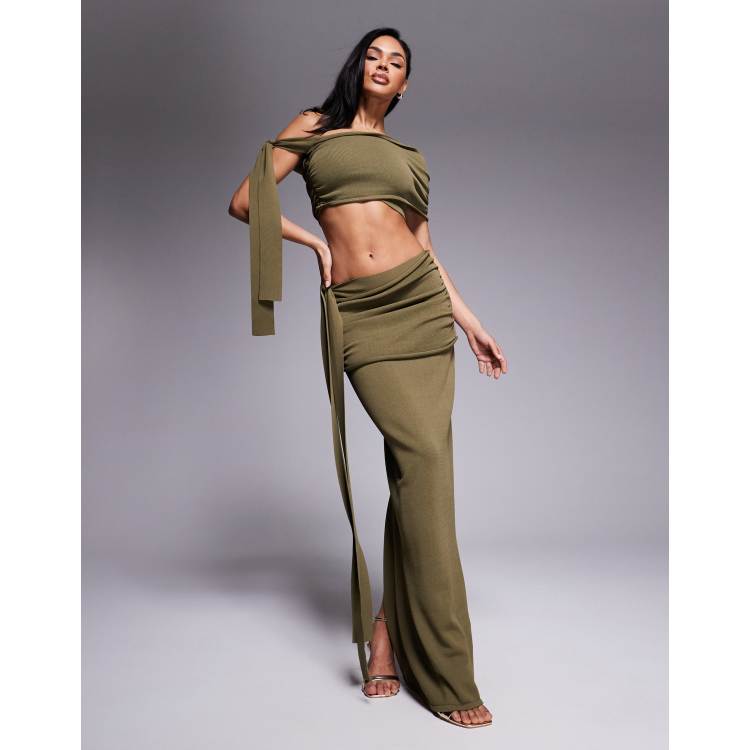 Wanderdoll Lois fine knit drape detail maxi skirt in khaki - part