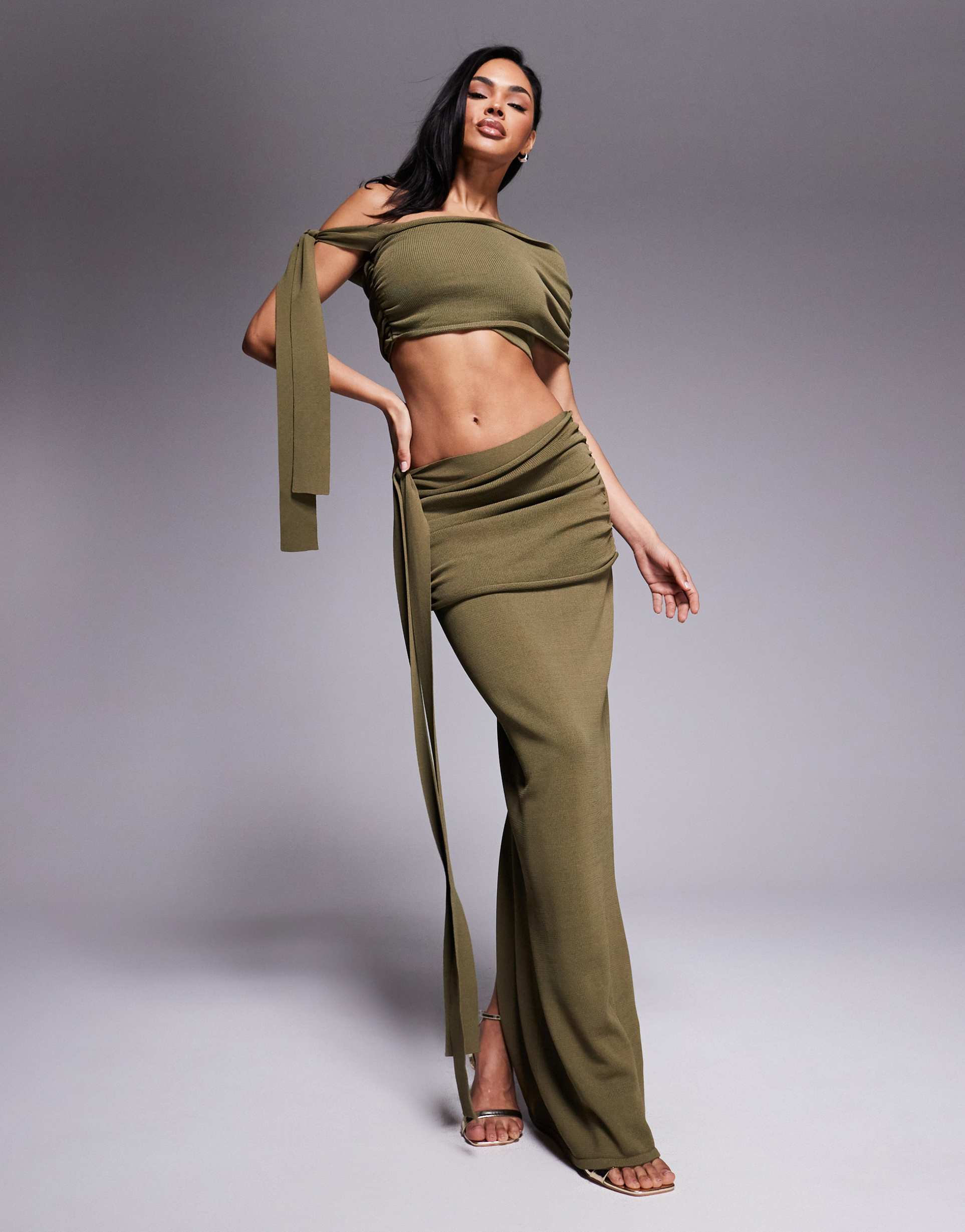 wanderdoll lois fine knit drape detail maxi skirt in khaki - part of a set