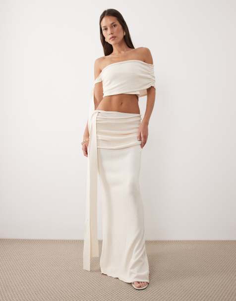 Wanderdoll Lois fine knit off shoulder tie detail top and maxi tie side drape detail skirt co-ord in cream - view 1