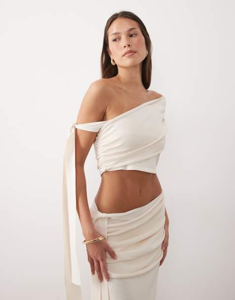 Wanderdoll Lois fine knit off shoulder tie detail top co-ord in cream - view 1