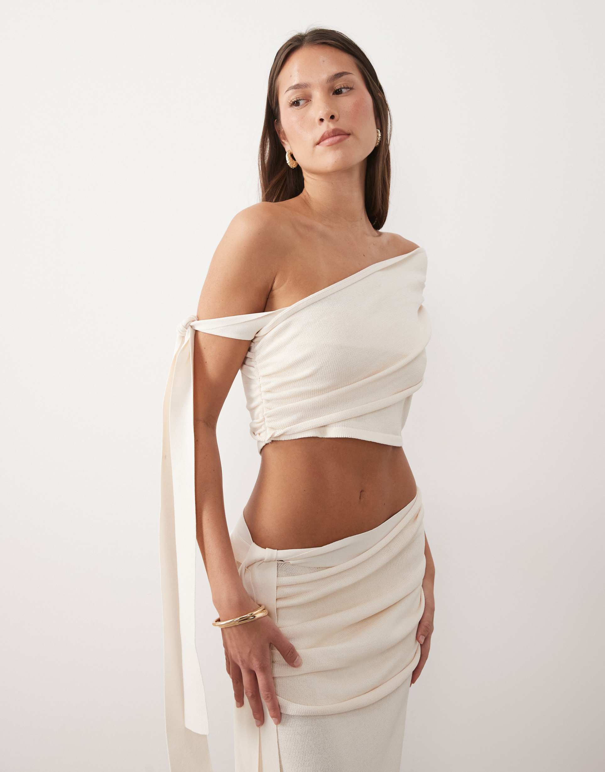 wanderdoll lois fine knit off the shoulder tie detail top in cream - part of a set