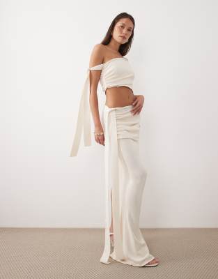 Wanderdoll Lois fine knit side tie drape detail maxi skirt in cream - part of a set cream