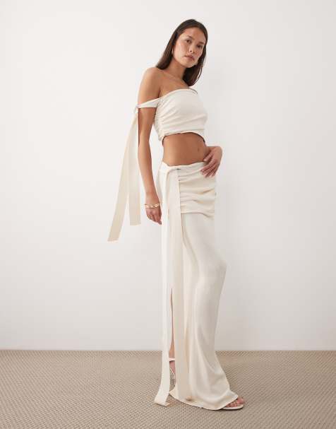Wanderdoll Lois fine knit side tie drape detail maxi skirt in cream - part of a set - view 1