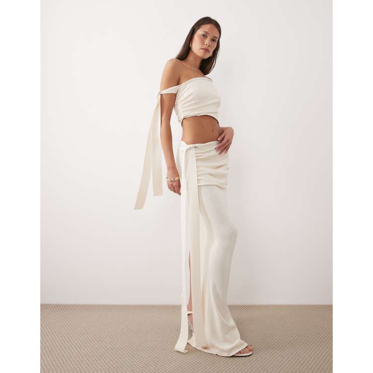 Wanderdoll Lois fine knit side tie drape detail maxi skirt in