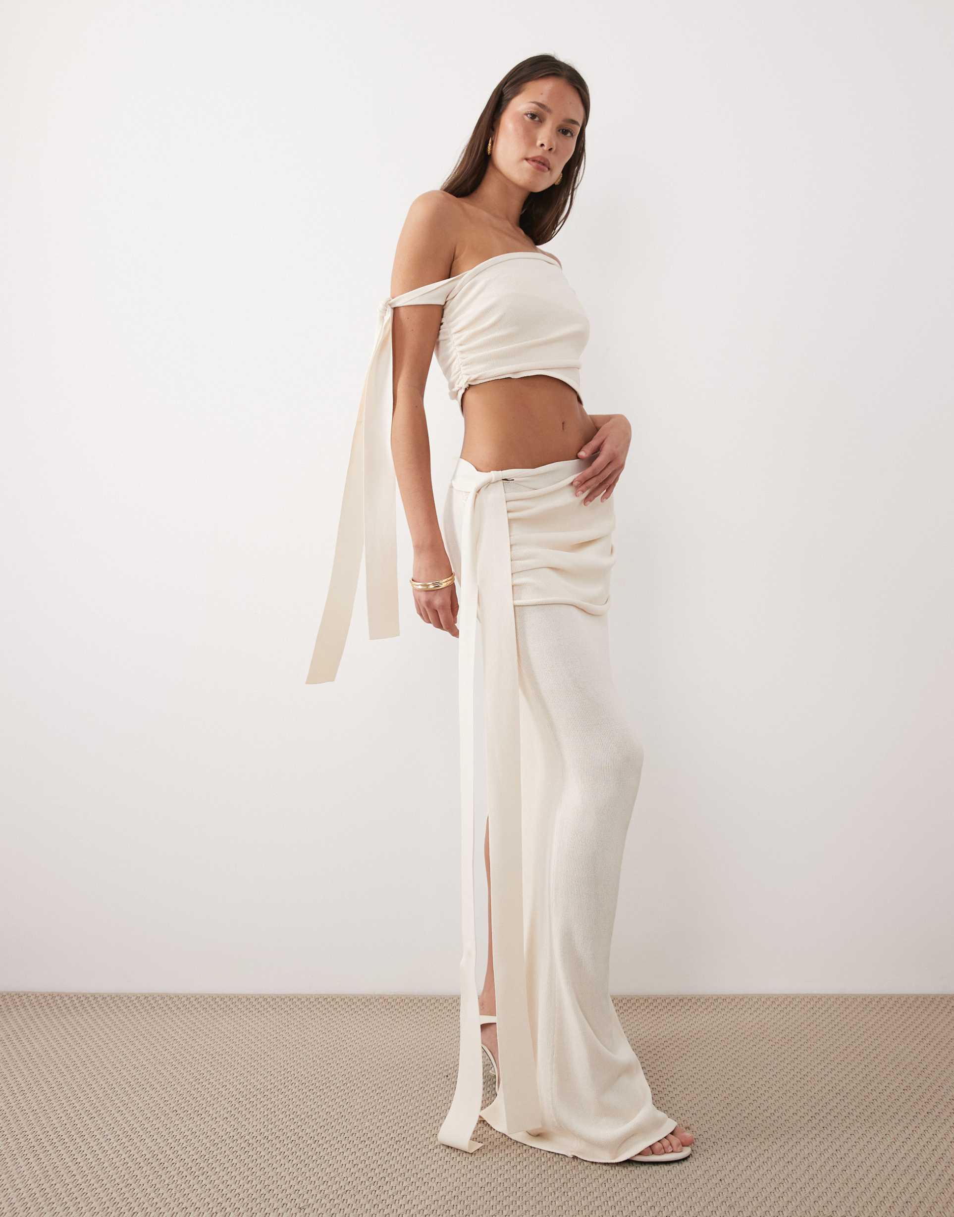 wanderdoll lois fine knit side tie drape detail maxi skirt in cream - part of a set