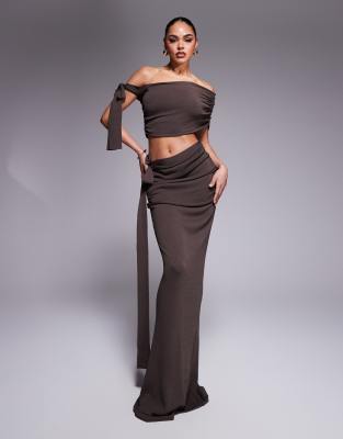 Lois knitted off shoulder tie detail and v front maxi skirt set in chocolate-Brown