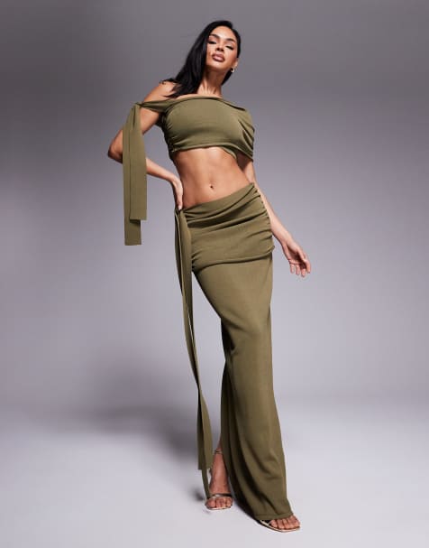 Wanderdoll Lois fine knit maxi drape detail skirt co-ord in khaki