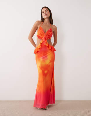 Wanderdoll Lola halterneck ruffle cut out detail maxi dress in hot pink