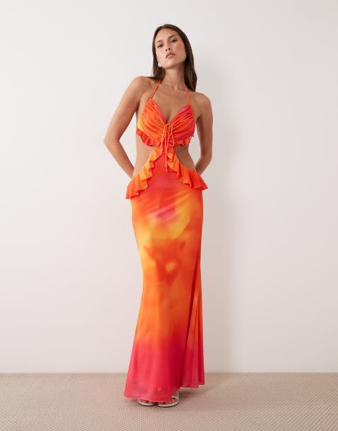 Wanderdoll Lola halterneck ruffle cut out detail maxi dress in pink ombre - view 1
