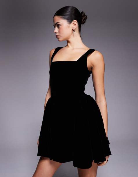 Wanderdoll Lucky velvet square neck hip detail mini dress in black