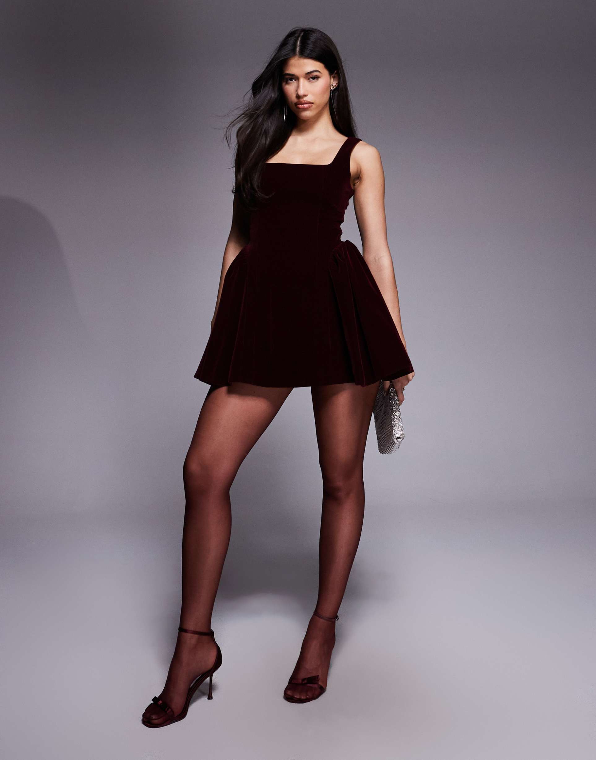 wanderdoll lucky velvet square neck hip detail mini dress in burgundy