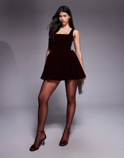 Wanderdoll Lucky velvet square neck hip detail mini dress in burgundy