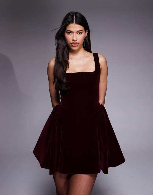 Wanderdoll Lucky velvet square neck hip detail mini dress in