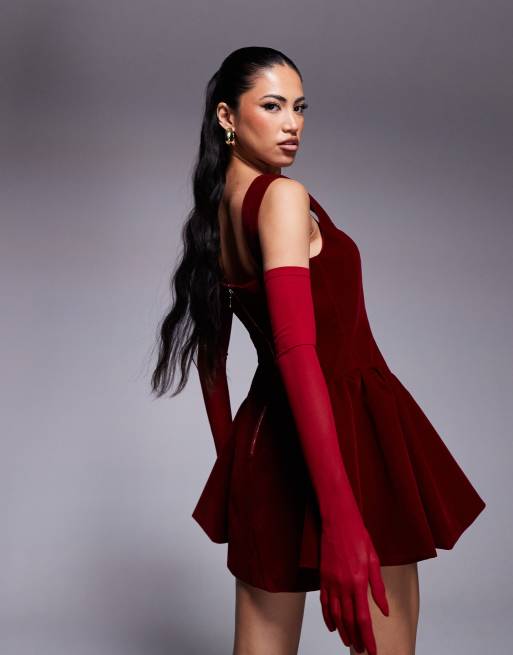 Wanderdoll - Lucky - Vestito corto in velluto bordeaux con scollo squadrato e pieghe laterali, 4 di 4
