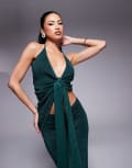 Wanderdoll lurex knot front halterneck top and maxi skirt set in emerald-Green