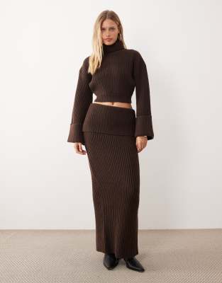 Wanderdoll Mabel Wool Blend Knit Fold Over Waist Maxi Skirt In Brown