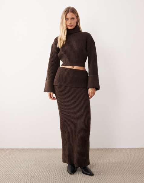 Wanderdoll Mabel wool blend knit fold over waist maxi skirt in chocolate - part of a set - view 1