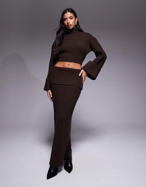 Wanderdoll Mabel wool blend roll neck wide sleeve jumper and maxi skirt set in chocolate