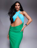 [Wanderdoll] Wanderdoll Maddison slinky cross front halterneck cut out drape side maxi dress in aqua and blue-Multi XS AQUA AND BLUE