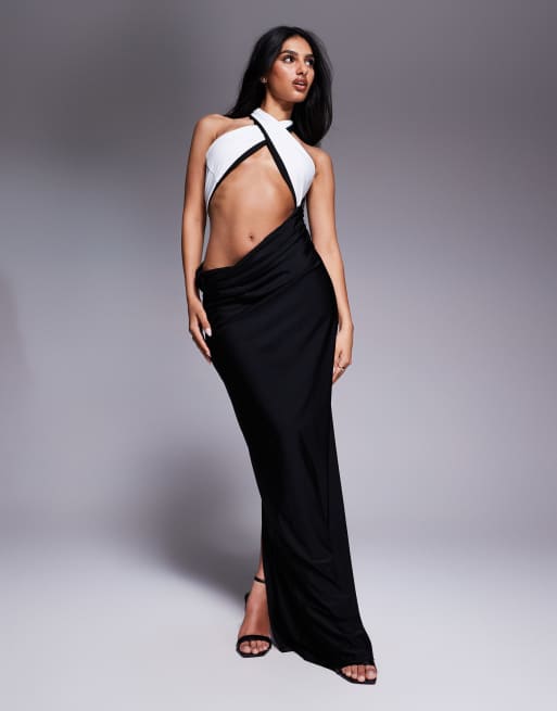 Wanderdoll Maddison slinky cross front halterneck cut out drape side maxi dress in black and white