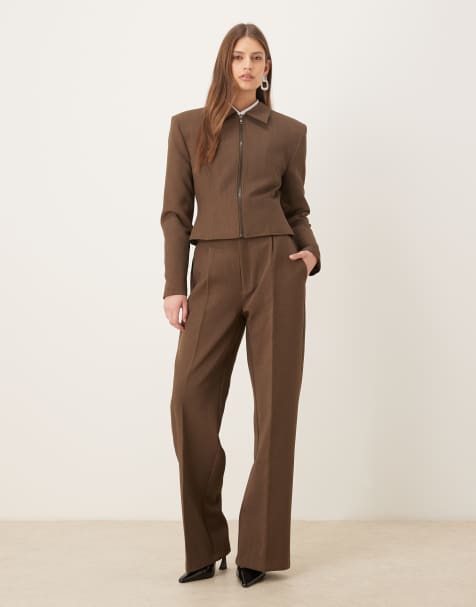 Wanderdoll Maeve tailored zip through shoulder pad detail shirt, halter top and trousers co-ord in chocolate - view 1