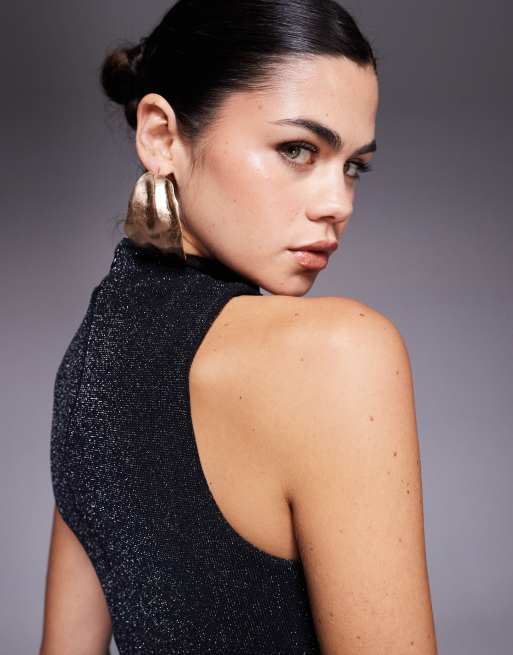 Wanderdoll Margot sculpted high neck sleeveless drape detail mini dress in black glitter, 3 of 4
