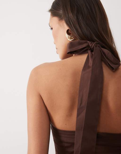 Wanderdoll Marilyn cotton rich structured halterneck shirred bust corset detail mini dress in chocolate, 3 of 4