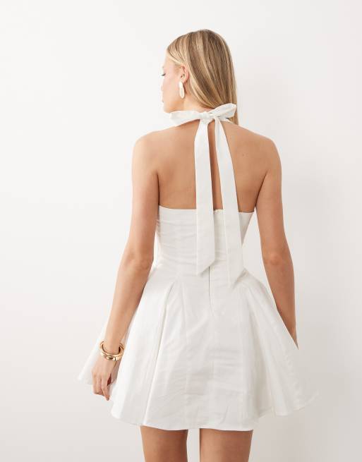 Wanderdoll Marilyn cotton rich structured halterneck shirred bust corset detail mini dress in white, 4 of 4