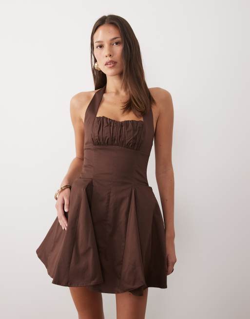 Wanderdoll Marilyn cotton rich structured halterneck shirred bust corset detailing mini dress in chocolate, 2 of 4