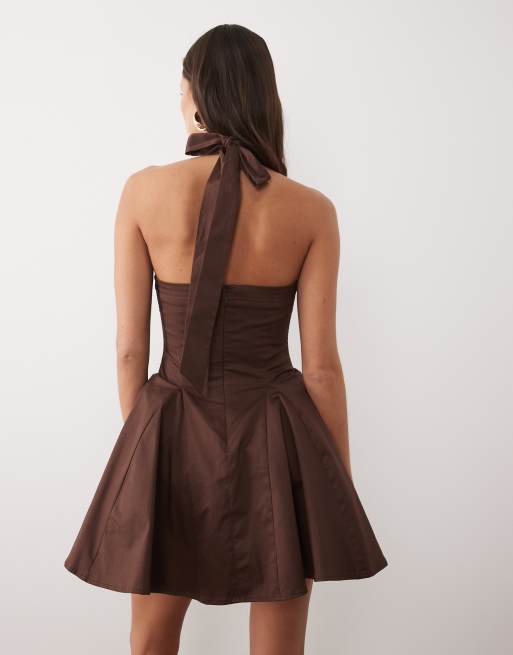 Wanderdoll Marilyn cotton rich structured halterneck shirred bust corset detailing mini dress in chocolate, 4 of 4