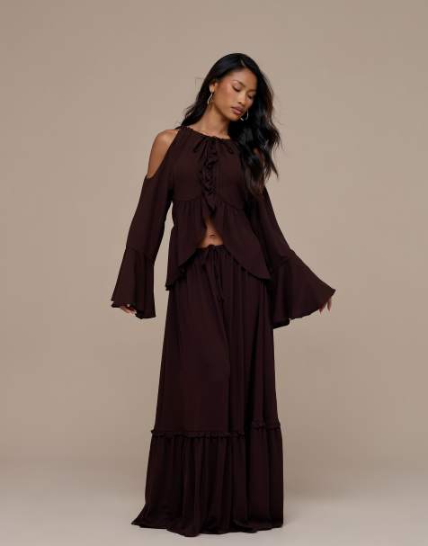 Wanderdoll Meadow halterneck long sleeve chiffon top and skirt co-ord in chocolate - view 1
